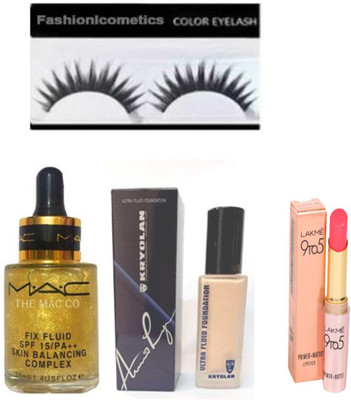 

FASHION 1 Combo kit of mac fix fluid serum,krayolan ultra fix fluid foundation,lakme 9to5 primer+matte lipstick with eyelashes(Set of 4)