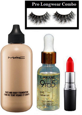 

pro longwear combo Eyelashes, Mac Face & Body Foundation, Matte Finish Lipstick, 9to5 Face Serum(Set of 4)
