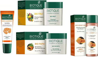 

BIOTIQUE BIO Honey Gel Refreshing Foaming Face cleanser, Papaya Revitalizing Tan-Removal Scrub, Fruit Whitening & Depigmentation Face Pack, Lip Balm(Set of 4)