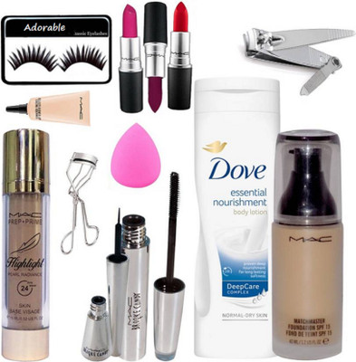 

Adorable Eyelashes & Mac Lipstick Pack Of 3 & Mac Match Master Foundation & Brooke Candy Eyeliner&Mascara & Sponge Puff & Mac Highlight Foundation&Curler&Mac Select Cover up Concealer & Nail Cutter&Dove Essential Nourishment Body Lotion (Set of 13)(Set of