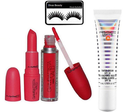 

divas beauty Eyelashes& Mac Giambattista Capricious Lipstick&Red Velvet Lipstick, Lightful Tinted Cream Foundation(Set of 4)
