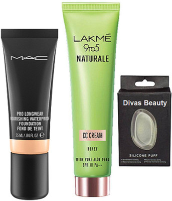 

Divas Beauty Silicon Puff, Pro Longwear Foundation, Naturale CC Cream(Set of 3)