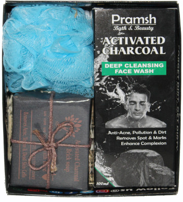 

PRAMSH Gift Pack Of Activated Charocal Soap 100gm & Face Wash 100gm Box & Loofa (Pack of 3)(Set of 3)