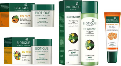 

BIOTIQUE BIO Cucumber Pore Tightening Toner, Fruit Whitening & Depigmentation Face Pack, Papaya Revitalizing Tan-Removal Scrub, Lip Balm(Set of 4)