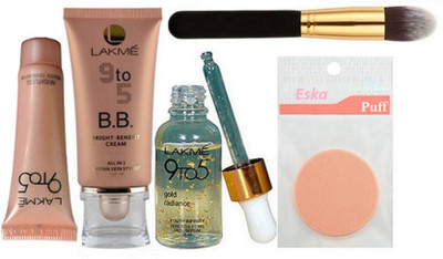 

eska Makeup Brush,Lakme 9 to 5 Weightless Mousse Foundation,9to5 Gold radiance serum,9 to 5 B.B. Cream(Set of 5)