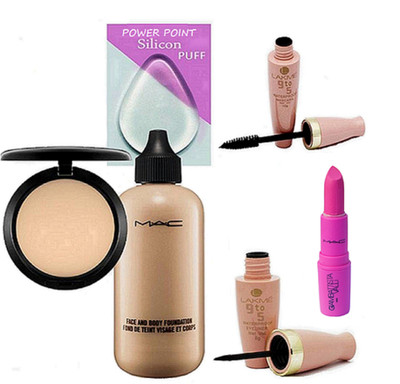 

POWER POINT silicon puff, face and body foundation, compact, lipstick, liner , mascara(Set of 6)