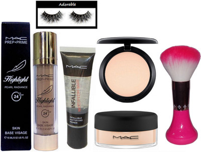 

Adorable eyelashes &mac skin base visage highlight , inffallible primer , loose powder and compact with makeup brush(Set of 6)
