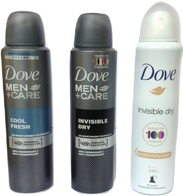 

Dove COOL FRESH INVISIBLE DRY AND INVISIBLE DRY MEN PACK 3 Body Spray - For Men & Women(450 ml, Pack of 3)