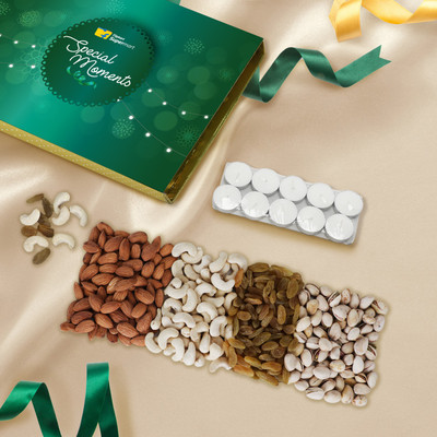 

Dry Fruits Gift Box ( Almonds, Cashews, Raisins, Roasted & Salted Pistachios - 100g each) by Flipkart Supermart Special Moments with 10 pcs Tealight Candles(400 g)
