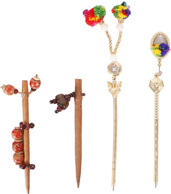 

HONBON Multicolour Women Ladies Vintage Wooden and plastic Hair Stick Pin (set of 4 pc) Handmade Rhinestone Flower Wood for Girls and Women (Juda Pin) Bun Stick(Multicolor)
