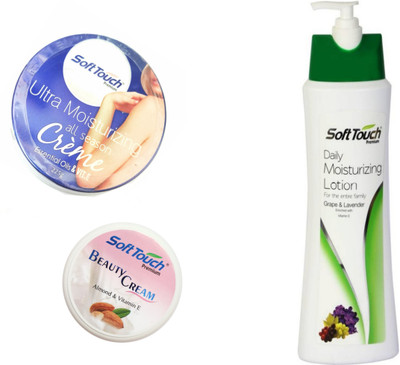 

Soft Touch Ultra Moisturizing Creme-Essential Oil and Vitamin E & Beauty Cream-Almond & Vitamin E & Daily Moisturizing Lotion-Grape and Lavender Enriched With Vitamin E.(500 ml)
