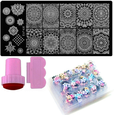 

STZ Nail Art Combo - One 19 Designs-in-One Nail Art Stamping Plate - Stamper - Scraper - 10 Adhesive Nail Art 3D Stickers(Silver)