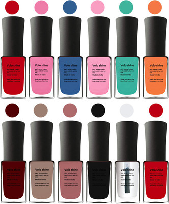 

Aroma Care Black Nail Polish Combo 1806201629 Yellow, Blue, Magenta, Light Pink, Green, Orange, Red, Nude, Peach, Base Coat, Black, Red(Pack of 12)