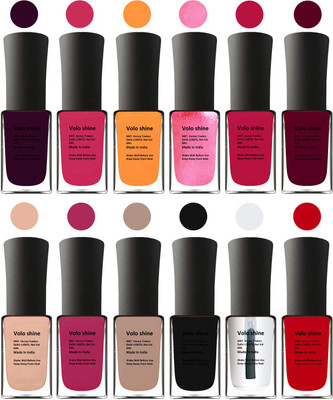 

Aroma Care Black Nail Polish Combo 17061605 Red, Peach, Mauve, Pink, Blue, Base Coat, Black(Pack of 12)