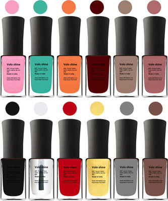 

Aroma Care Orange Nail Polish Combo 1806201635 Light Pink, Green, Orange, Red, Nude, Peach, Base Coat, Black, Red, Silver, Golden, Orange(Pack of 12)