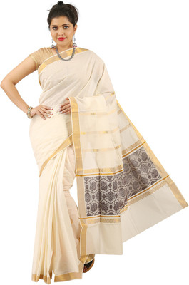 RSV FABRICS Self Design Kasavu Cotton Blend Saree(White)