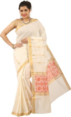 RSV FABRICS Self Design Kasavu Cotton Blend Saree(Beige)