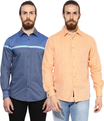 Crosscreek Men Self Design, Striped Casual Blue, Orange Shirt(Pack of 2)