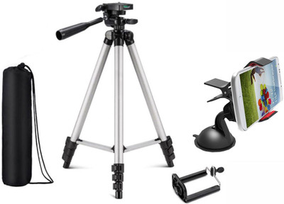 

casadomani Tripod-3110 Portable Adjustable Aluminium High Quality Lightweight Camera Stand With Three-Dimensional Head & Quick Release Plate For Video Cameras Foldable Camera Tripod With Mobile Clip Holder Bracket and Universal Car Mobile Holder Tripod(Si