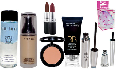 

divas beauty Silicon Puff, Mac Matchmaster Liquid Foundation, Prep Prime BB Foundation, Brooke Candy Mascara With Eyeliner Liquid Black, Matte Finish Lipstick 2, Bobbi Brown concealer With Makeup Remover(Set of 9)
