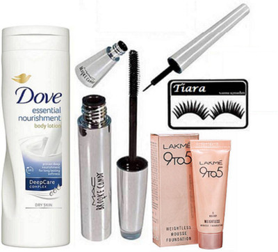 

tiara Eyelashes , Brook candy Eyeliner & Mascara , Body Lotion , Weightless Mousse Foundation(Set of 5)