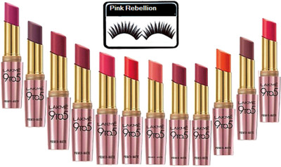 

Pink Rebellion Eyelashes & Lakme 9 To 5 Primer Matte Lipstick (Pack Of 12)(Set of 13)