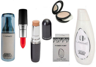 

POWER POINT Silicon Puff & Matchmaster Foundation, hot lipstick, compact & Body Lotion , Stick Concealer(Set of 6)