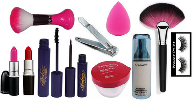 

POWER POINT eyelashes,mac lipstick , liner & mascara,pond's miracle day cream, mac match master foundation, nail cutter ,makeup brush , sponge puff ( set of 11 )(Set of 11)