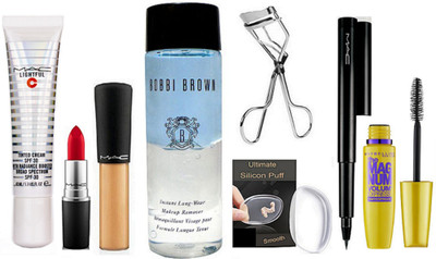 

Ultimate Silicon Puff With Mac Lightfull Tinted Cream,Mineralize concealer,Matte Finish Lipstick,pen eyeliner,Bobbi Brown Makeup Remover,Eyelashes Curler,Magnum The Volume Mascara(Set of 8)