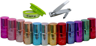 

tiara Nail Paint Remover,nail Clipper, Lakme Mirror Nail Paint set of 12(Set of 14)