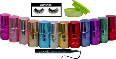 

Catherine eyelashes, Lakme mirror nail polish pack of 12, pen eyeliner with nail paint remover(Set of 15)