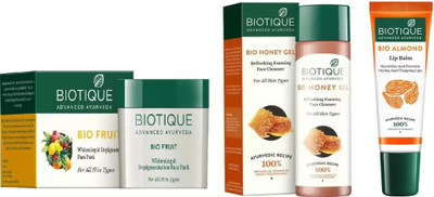 

BIOTIQUE BIO Honey Gel Refreshing Foaming Face cleanser, Fruit Whitening & Depigmentation Face Pack, Lip Balm(Set of 3)