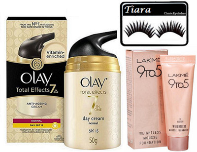 

tiara eyelashes with olay total effects 7-in-1 Anti Aging Day Cream 50 gm,Lakme Weightless Mousse Foundation(Set of 3)