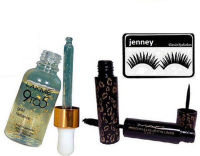 

jenney Eyelashes & 9to5 Gold Radiance Youth Infinity Skin Sculpting Face Serum, MAC mascara & Liquid Eyeliner 2 in 1(Set of 3)
