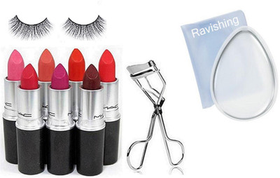 

ravishing puff , Eyelashes & Matte Lipstick Set Of 7 Multicolor With Eyelashes Curler(Set of 10)