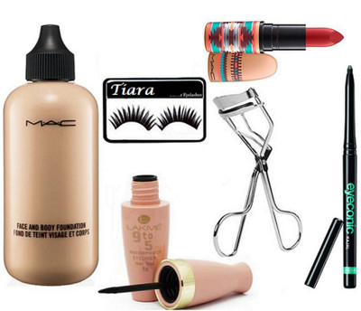 

tiara Eyelashes,Mac face & Body Foundation,Vibe Tribe Lipstick,Lakme 9to5 Eyeliner,Eyeconic Kajal,Eyelashes Curler(Set of 6)