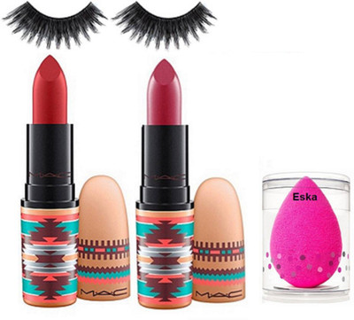 

eska Sponge puff, eyelashes, MAC vibe tribe lipstick in 2 Shades(Set of 4)