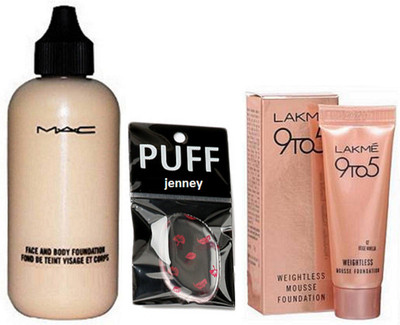jenney Silicon Puff & Face And Body Foundation & Lakme Mousse(Set of 3)