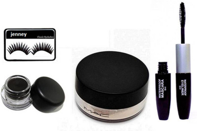 

jenney Eyelashes, Mac Loose Powder and Fluidline Gel Eye-Liner, Coloerbar mascara & Liquid Eyeliner 2 in1(Set of 4)