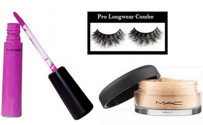 

pro longwear combo Eyelashes, Mac Loose Powder, Liquid Lipgloss(Set of 3)
