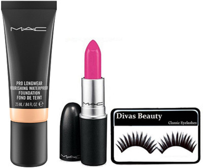 

divas beauty Eyelashes with Mac Pink Shade Matte Finish Lipstick, Pro Longwear Nourishing Waterproof Foundation(Set of 3)