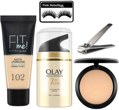 

Pink Rebellion Eyelashes & Maybelline Fit Me Foundation & Compact & Nail Cutter With Olay Anti Ageing Day Cream(Set of 5)