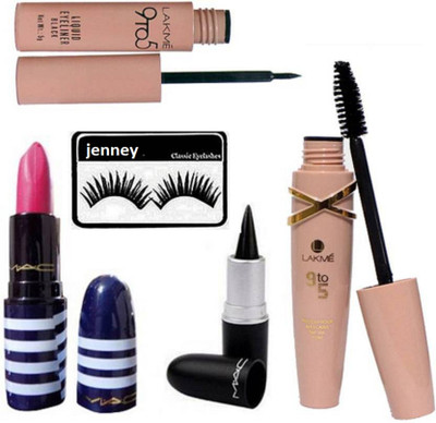 

jenney Eyelashes With 9 to 5 Eyeliner & Mascara, Mac Lipstick With Stick kajal(Set of 5)