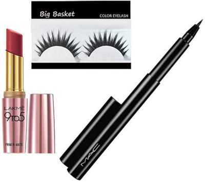 

big Basket Eyelashas, Mac Pan Eyelinar, Lekme 9To5 Lipstick(Set of 3)
