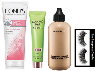 

pro longwear combo Eyelashes, Mac Face And Body Foundation, 9to5 Naturale Cc Cream Honey With Pure Aloe Vera, Pond's White Beauty Spot-Less Fairness Face Wash(Set of 4)