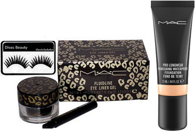 

divas beauty Eyelashes, Mac Long Lasting Fluidline Eye Liner Gel, Pro Longwear Nourishing Waterproof Foundation(Set of 3)