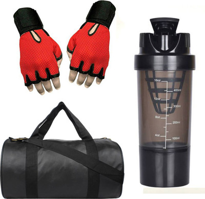 

style pro Combo of black leather look gym bag,Red gloves and Black Cyclone Shaker Gym & Fitness Kit