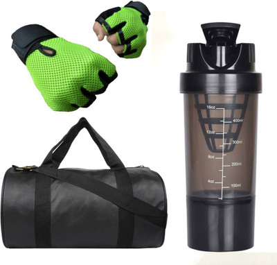

style pro Combo of black leather look gym bag,Green gloves and Black Cyclone Shaker Gym & Fitness Kit