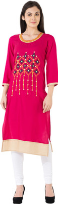 KSHARAA Women Embroidered Straight Kurta(Pink, Beige)