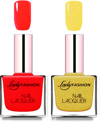 

Lady Fashion Cube Shaped Made In India Nail Polish Juicy Red, Golden(Pack of 2)